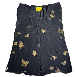 Aaron Ashe Shirt, Size M, Black Beige, Silk, Tan Sleeve